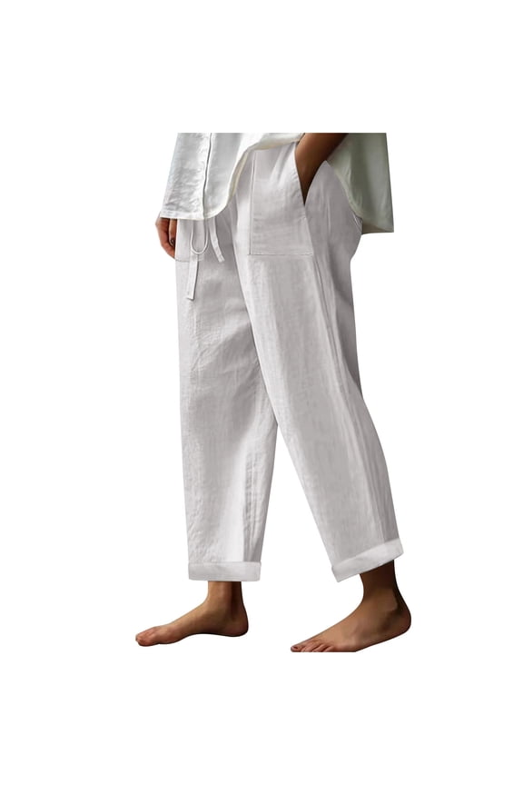 Women's Cotton Linen Pants Plus Size Elastic High Waisted Drawstring Wide Leg Trousers Casual Palazzo Pants with Pockets