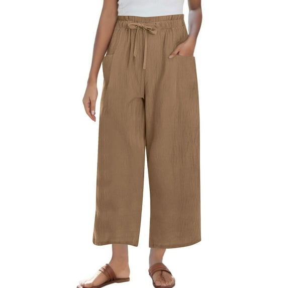 Lenpel Women's Cotton Linen Pants Ruffle Elastic High Waisted Wide Leg Casual Trousers Palazzo Lounge Pants with Pockets