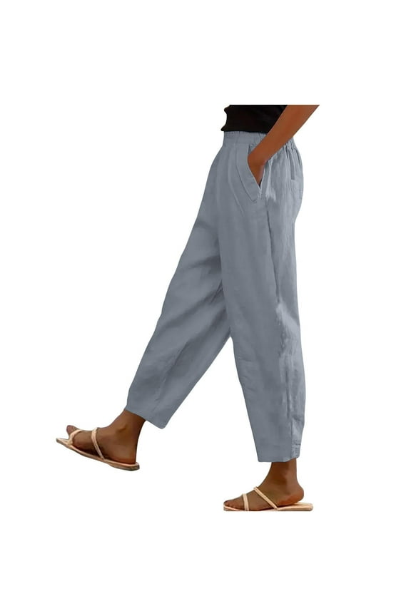 Women's Cotton Linen Pants Straight Leg Elastic High Waisted Casual Trousers Loose Beach Pants with Pockets