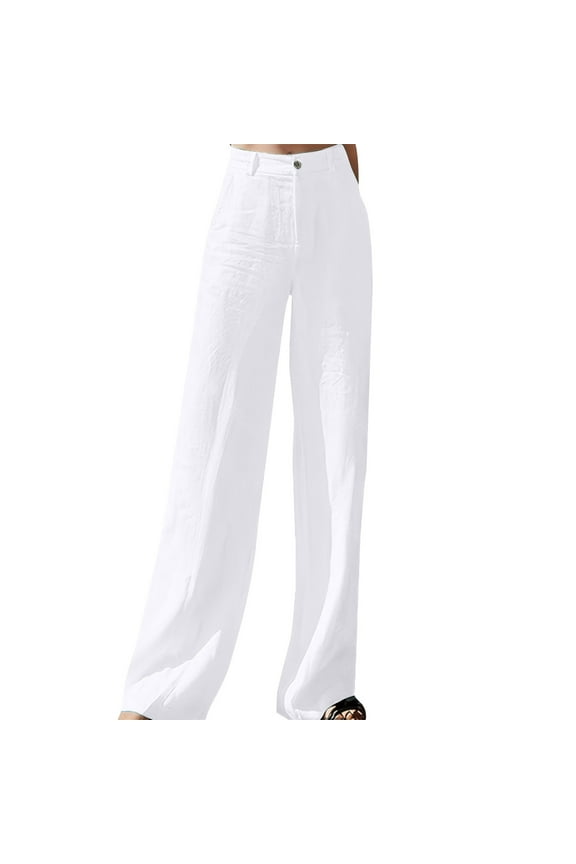 Women's Cotton Linen Pants Wide Leg High Waisted Elastic in the Back Summer Beach Trousers Soft Palazzo Pants