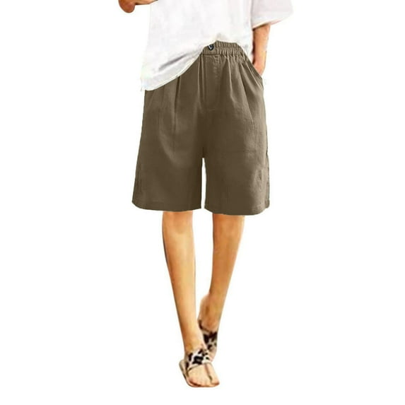 Lenpel Women's Cotton Linen Shorts Casual Elastic High Waisted Knee Length Shorts with Pockets Loose Summer Shorts