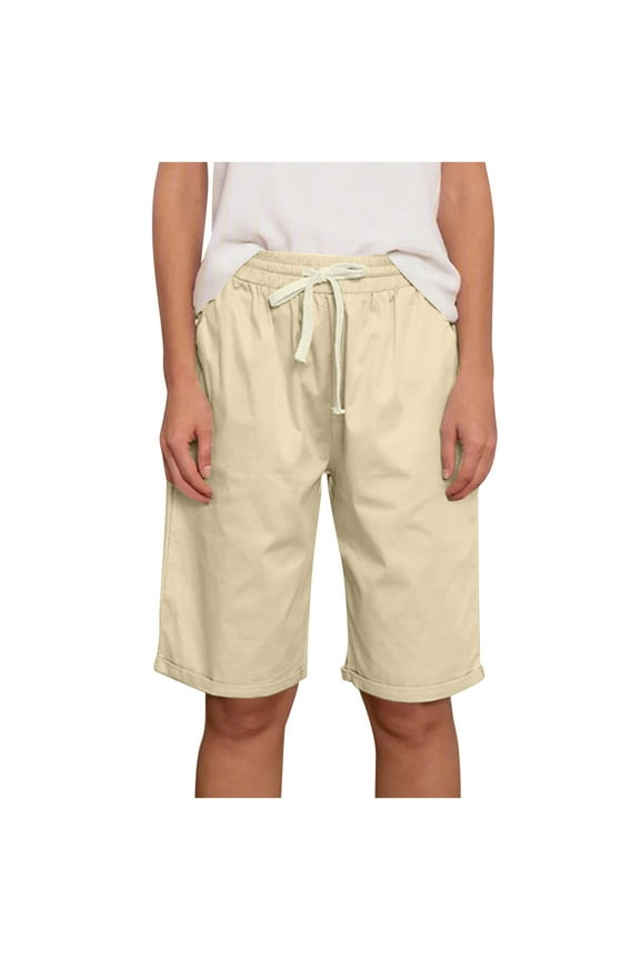 Women's Cotton Linen Shorts Summer Casual Elastic High Waisted Drawstring Wide Leg Bermuda Shorts Knee Length Beach Shorts