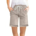 thumbnail image 1 of Lenpel Women's Cotton Linen Shorts Summer Casual Elastic High Waisted Drawstring Wide Leg Bermuda Shorts Mid Length Shorts, 1 of 7