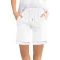 thumbnail image 1 of Lenpel Women's Cotton Linen Shorts Summer Casual Elastic High Waisted Drawstring Wide Leg Bermuda Shorts Mid Length Shorts, 1 of 7