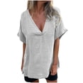 thumbnail image 1 of Lenpel Women's Cotton Linen Tops Fashion Short Sleeve Deep V Neck Side Button Loose T-Shirts Summer Casual Blouses, 1 of 4
