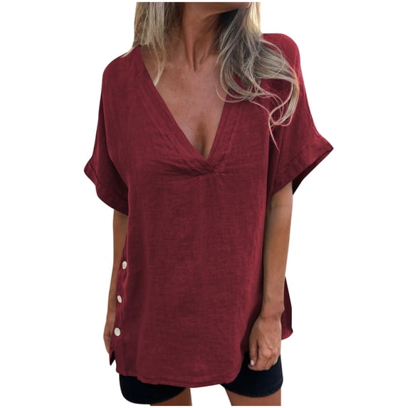 Lenpel Women's Cotton Linen Tops Fashion Short Sleeve Deep V Neck Side Button Loose T-Shirts Summer Casual Blouses