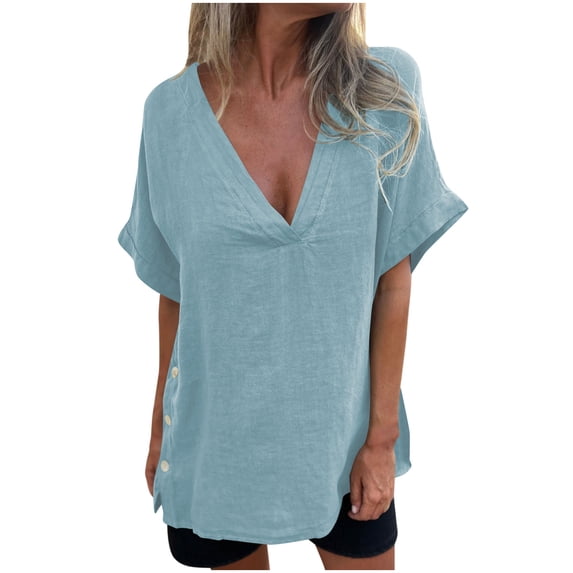 Lenpel Women's Cotton Linen Tops Fashion Short Sleeve Deep V Neck Side Button Loose T-Shirts Summer Casual Blouses