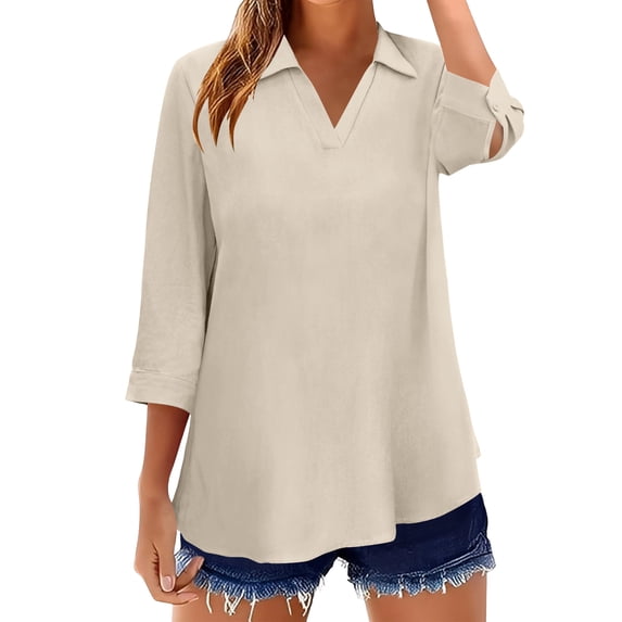 Lenpel Women's Cotton Linen Tops 3/4 Length Sleeve V Neck Collared Curved Hem Pleated T-Shirts Loose Tunic Blouses Dressy Casual Tees