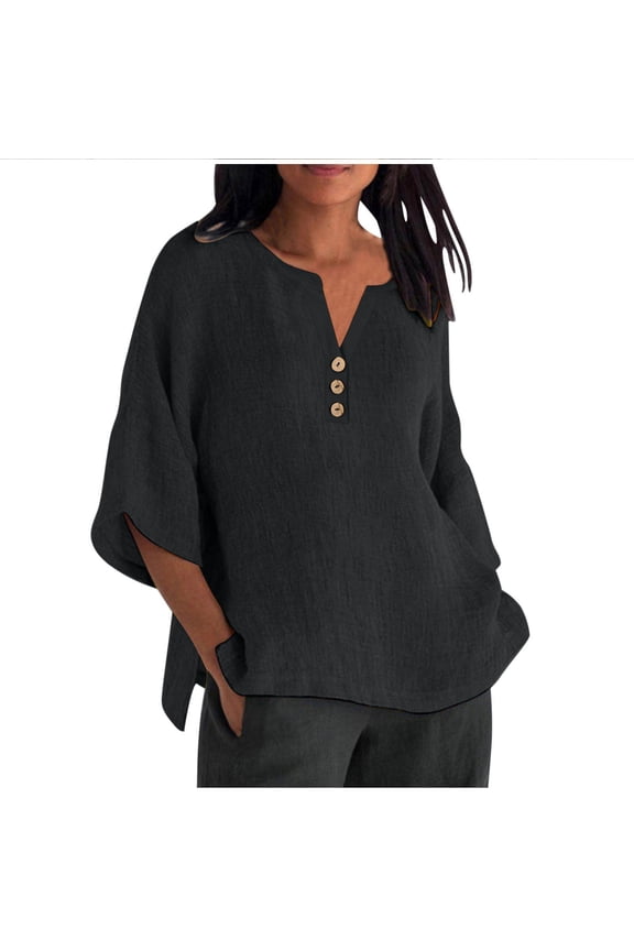 Women's Cotton Linen Tops Plus Size Crew Neck Half Sleeve Side Split Loose Shirts Casual Tunic Blouses