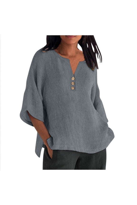 Women's Cotton Linen Tops Plus Size Crew Neck Half Sleeve Side Split Loose Shirts Casual Tunic Blouses
