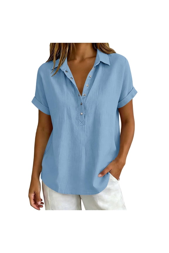 Women's Cotton Linen Tops Rolled Short Sleeve Half Button Collared Pleated T-Shirts Casual Loose Tunic Blouses