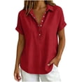 thumbnail image 1 of Lenpel Women's Cotton Linen Tops Rolled Short Sleeve Half Button Collared Pleated T-Shirts Casual Loose Tunic Blouses, 1 of 6