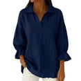 thumbnail image 1 of Lenpel Women's Cotton Linen Tops Ruffle 3/4 Sleeve V Neck Solid Color Collared Tunic Blouses Loose Casual Work Shirts(Navy,Medium), 1 of 6