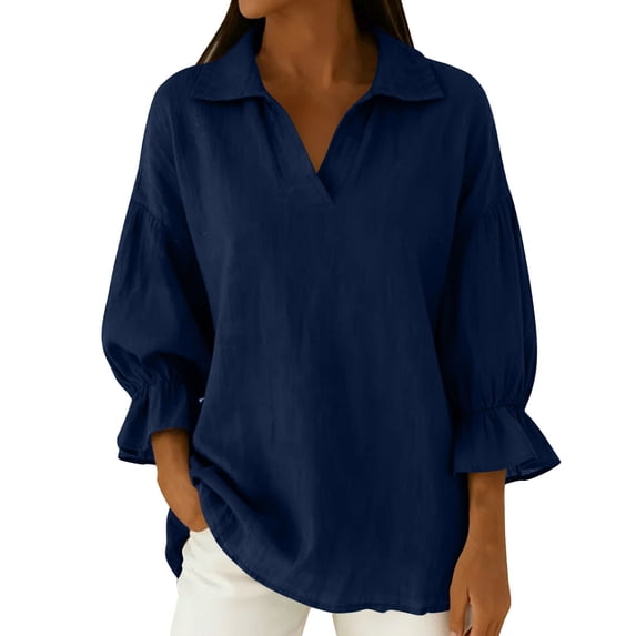 Lenpel Women's Cotton Linen Tops Ruffle 3/4 Sleeve V Neck Solid Color Collared Tunic Blouses Loose Casual Work Shirts(Navy,Medium)