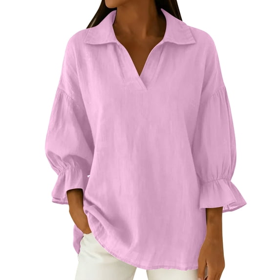 Lenpel Women's Cotton Linen Tops Ruffle 3/4 Sleeve V Neck Solid Color Collared Tunic Blouses Loose Casual Work Shirts(Pink,Medium)