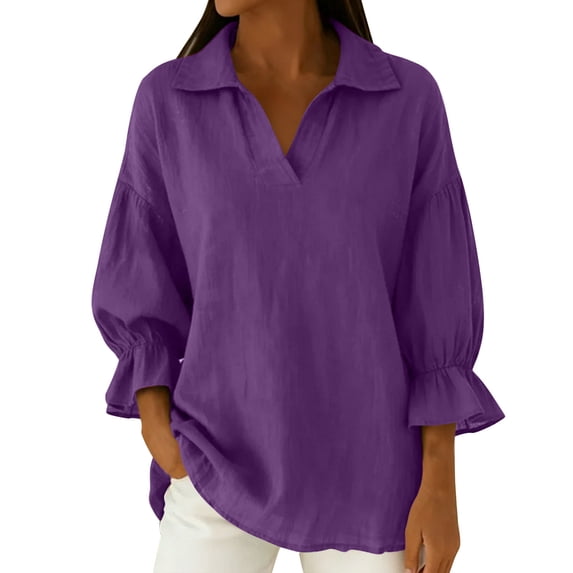 Lenpel Women's Cotton Linen Tops Ruffle 3/4 Sleeve V Neck Solid Color Collared Tunic Blouses Loose Casual Work Shirts(Purple,Large)