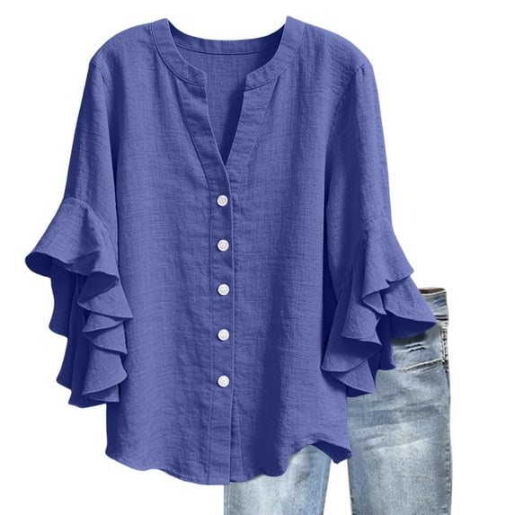 Lenpel Women's Cotton Linen Tops Ruffle Bell 3/4 Sleeve V Neck Curved Hem Button down Shirts Dressy Casual Tunic Blouses