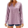 thumbnail image 1 of Lenpel Women's Cotton Linen Tops Trendy Long Sleeve V Neck Quarter Button Side Split Casual T Shirts Loose Tunic Blouses(Purple,X-Large), 1 of 6