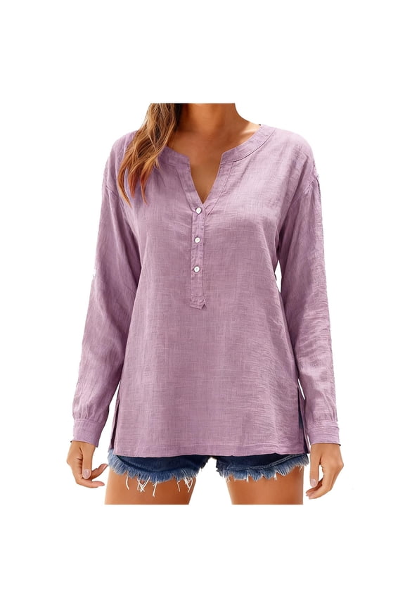 Women's Cotton Linen Tops Trendy Long Sleeve V Neck Quarter Button Side Split Casual T Shirts Loose Tunic Blouses(Purple,X-Large)