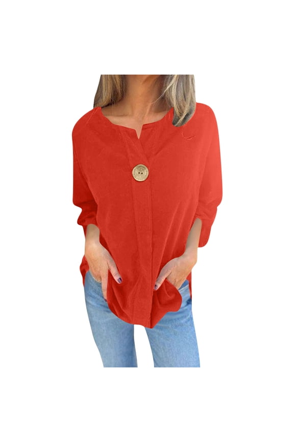 Women's Cotton Linen Tops Trendy Long Sleeve V Neck Solid Color Casual T Shirts Loose Tunic Blouses(Red,X-Large)