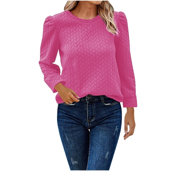 Lenpel Women's Crew Neck Sweatshirts Casual Puff Long Sleeve Textured Pullover Tops Fashion Fall Winter Clothes