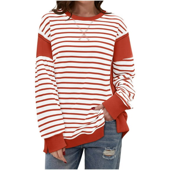 Lenpel Women's Crew Neck Sweatshirts Long Sleeve Striped Color Block Side Split Pullover Tops Loose Fashion Outfits