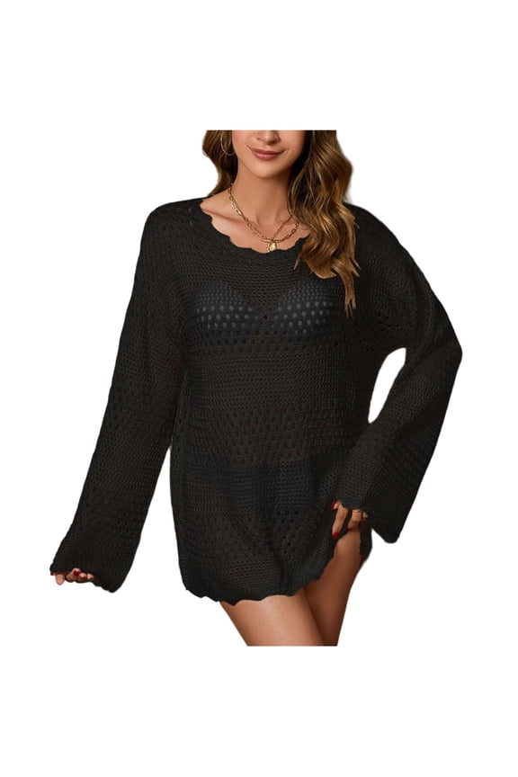 Women's Crochet Knit Sweaters Long Sleeve Scoop Neck Hollow out Casual Pullover Tunic Tops Beach Cover Ups(Black,Medium)