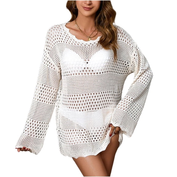 Lenpel Women's Crochet Knit Sweaters Long Sleeve Scoop Neck Hollow out Casual Pullover Tunic Tops Beach Cover Ups(White,Medium)