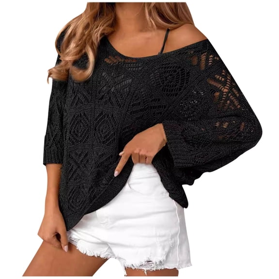 Lenpel Women's Crochet Sweater Shirts Trendy Lightweight 3/4 Sleeve V Neck Hollow out Knit Tops Boho Beach Cover Ups(Black,Small)