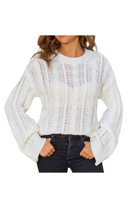 Women's Crochet Sweaters Casual Bell Long Sleeve Crew Neck Hollow out Cable Knit Tops Loose Pullover Sweaters(White,Small)