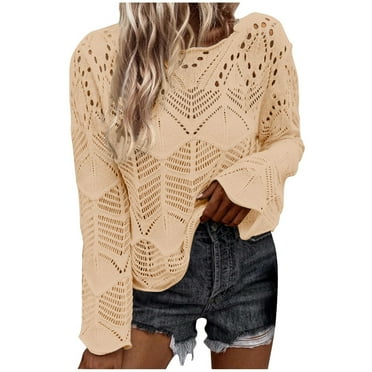 Lenpel Women's Crochet Sweaters Crew Neck Long Sleeve Hollow out Knit Pullover Tops Fall Fashion Blouses