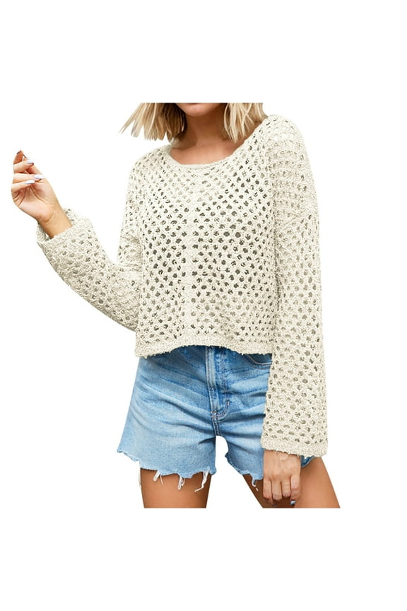 Women's Crochet Sweaters Cropped Crew Neck Long Sleeve Fall Pullover Tops Trendy Hollow out Knit Outwear