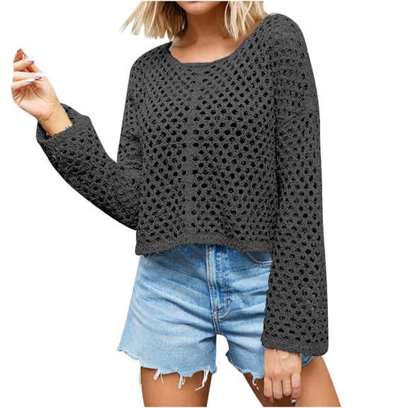 Lenpel Women's Crochet Sweaters Cropped Crew Neck Long Sleeve Fall Pullover Tops Trendy Hollow out Knit Outwear