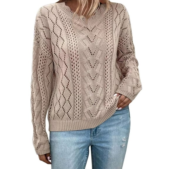 Lenpel Women's Crochet Sweaters Scalloped V Neck Long Sleeve Hollow out Knit Tops Casual Pullover Sweaters(Khaki,Medium)