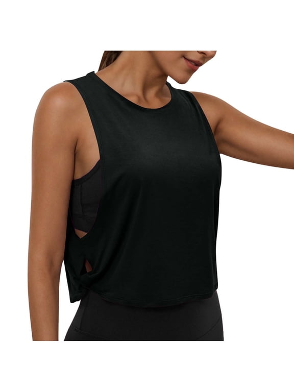 Women's Crop Tank Tops Summer Casual Crew Neck Side Split Sleeveless Workout Yoga Tops Loose Athletic Shirts
