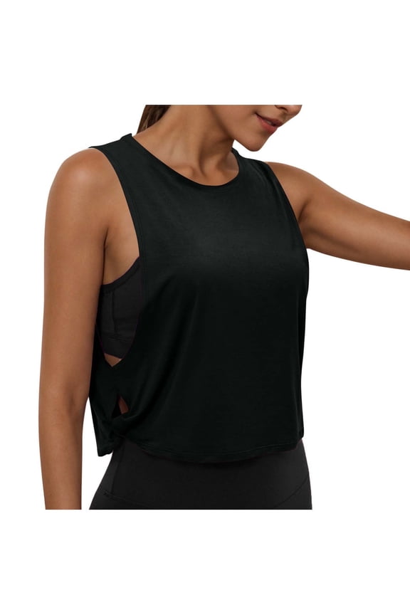 Women's Crop Tank Tops Summer Casual Crew Neck Side Split Sleeveless Workout Yoga Tops Loose Athletic Shirts