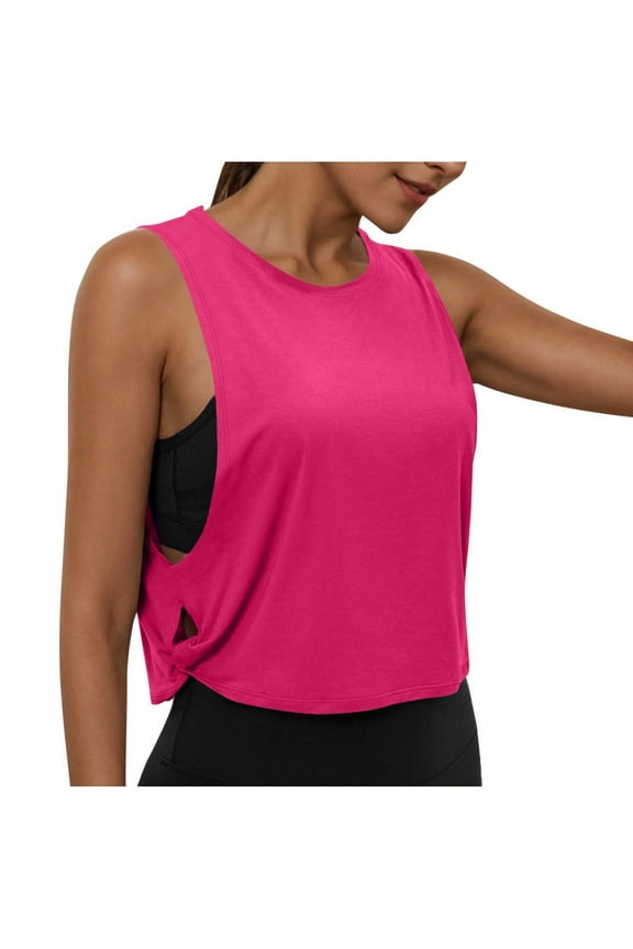 Women's Crop Tank Tops Summer Casual Crew Neck Side Split Sleeveless Workout Yoga Tops Loose Athletic Shirts