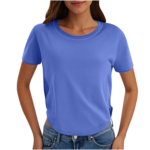 Lenpel Women's Crop Tops Summer Short Sleeve Crew Neck Curved Hem Solid Color T Shirts Casual Tunic Tee Blouses