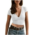 thumbnail image 1 of Lenpel Women's Crop Tops Summer Short Sleeve Wrap Deep V Neck Ruched Slim Cropped T-Shirts Going out Tee Shirts, 1 of 1