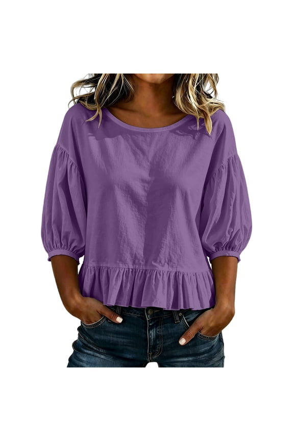 Women's Crop Tops Lantern 3/4 Length Sleeve Crew Neck Tie Back Ruffle Hem T-Shirts Casual Loose Tee Blouses