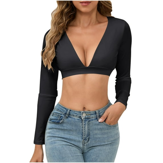 Lenpel Women's Crop Tops Long Sleeve Deep V Neck T Shirts Fall Trendy Solid Color Wrap Going out Tops