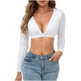 thumbnail image 1 of Lenpel Women's Crop Tops Long Sleeve Deep V Neck T Shirts Fall Trendy Solid Color Wrap Going out Tops, 1 of 6