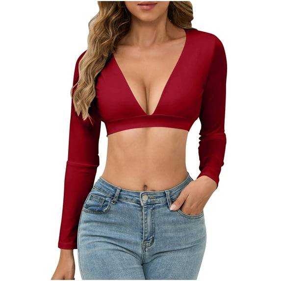 Lenpel Women's Crop Tops Long Sleeve Deep V Neck T Shirts Fall Trendy Solid Color Wrap Going out Tops