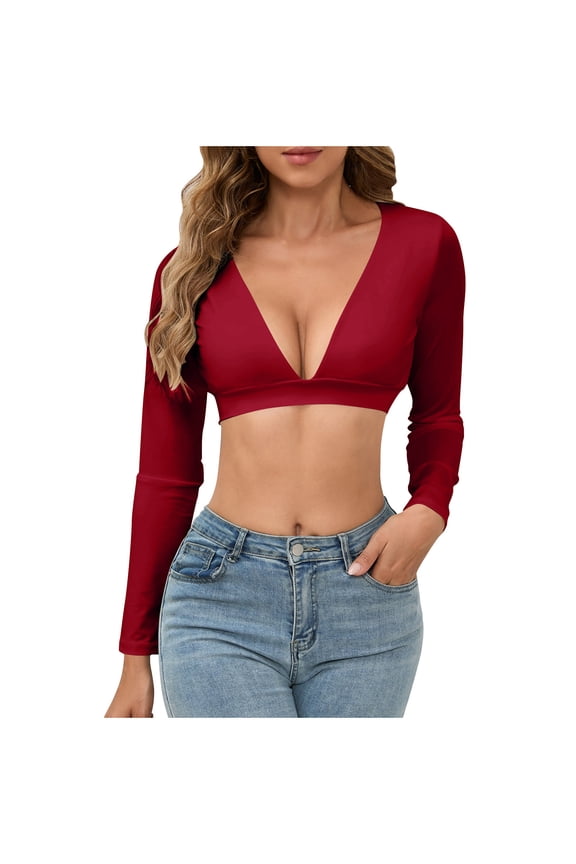 Women's Crop Tops Long Sleeve Deep V Neck T Shirts Fall Trendy Solid Color Wrap Going out Tops