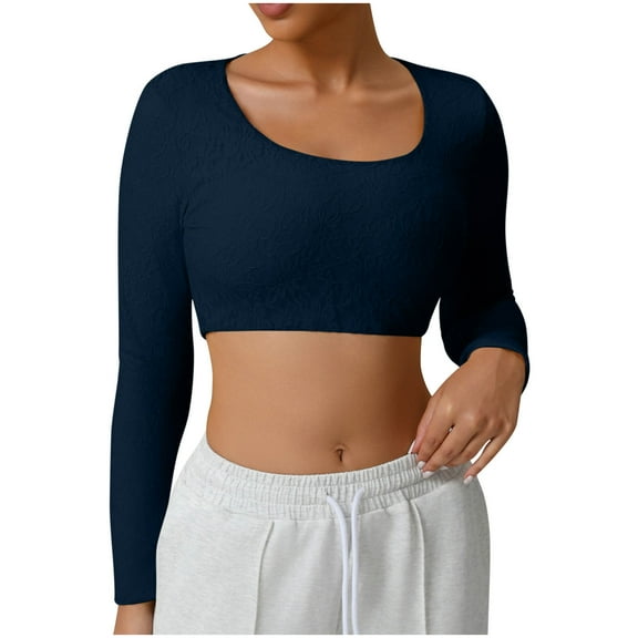 Lenpel Women's Crop Tops Long Sleeve Scoop Neck Floral Embroidery Slim Cropped T Shirts Going out Tees Casual Workout Blouses(Navy,X-Large)