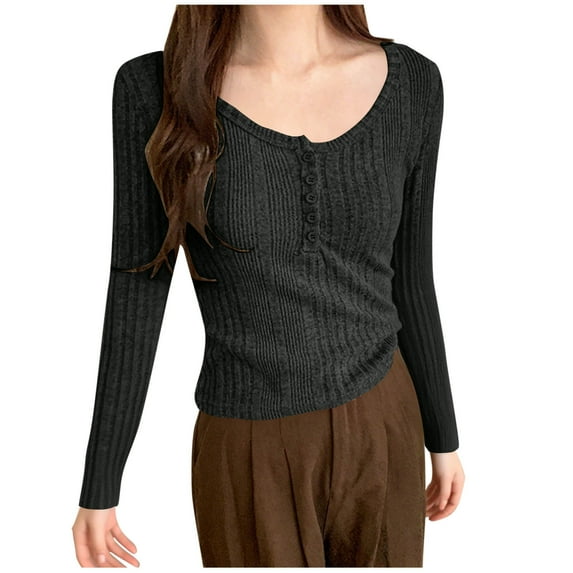 Lenpel Women's Crop Tops Long Sleeve Scoop Neck Half Button Ribbed Knit Slim T Shirts Soft Casual Lightweight Sweaters(Dark Gray,Large)