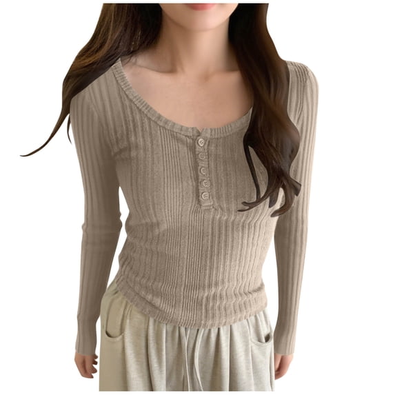 Lenpel Women's Crop Tops Long Sleeve Scoop Neck Half Button Ribbed Knit Slim T Shirts Soft Casual Lightweight Sweaters(Khaki,Medium)