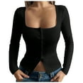 thumbnail image 1 of Lenpel Women's Crop Tops Long Sleeve Square Neck Button down Slim Ribbed Knit Shirts Soft Casual Blouses Going out Tops(Black,Small), 1 of 6