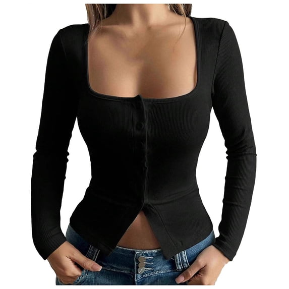 Lenpel Women's Crop Tops Long Sleeve Square Neck Button down Slim Ribbed Knit Shirts Soft Casual Blouses Going out Tops(Black,Small)