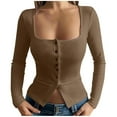 thumbnail image 1 of Lenpel Women's Crop Tops Long Sleeve Square Neck Button down Slim Ribbed Knit Shirts Soft Casual Blouses Going out Tops(Brown,XX-Large), 1 of 7
